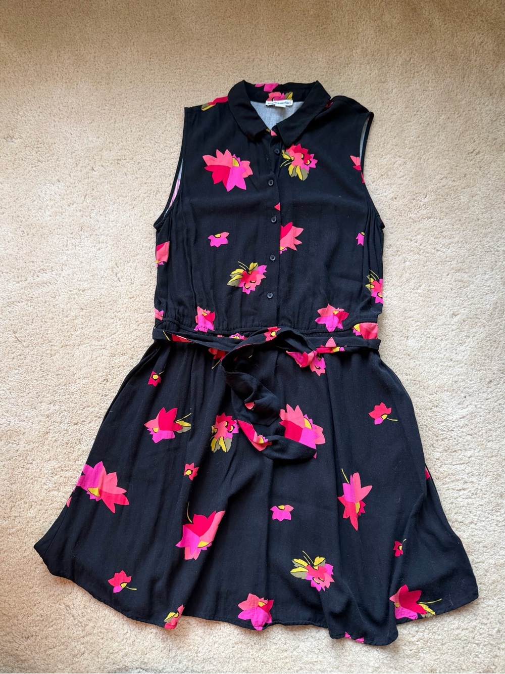 Amazon Essentials Sleeveless Black Floral Belted Dress - Size L - EUC